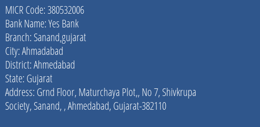 Yes Bank Sanand Gujarat MICR Code