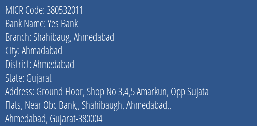 Yes Bank Shahibaug Ahmedabad MICR Code