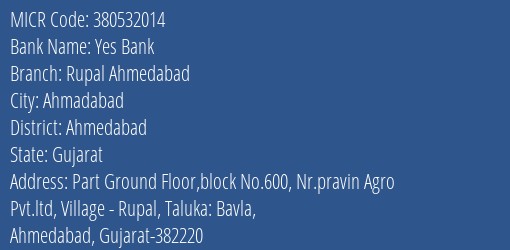 Yes Bank Rupal Ahmedabad MICR Code