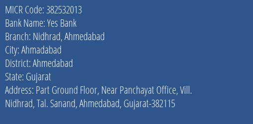 Yes Bank Nidhrad Ahmedabad MICR Code