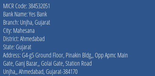 Yes Bank Unjha Gujarat MICR Code
