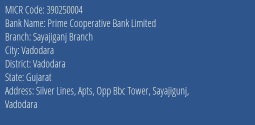 Prime Cooperative Bank Limited Sayajiganj Branch MICR Code