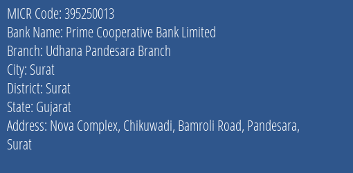 Prime Cooperative Bank Limited Udhana Pandesara Branch MICR Code