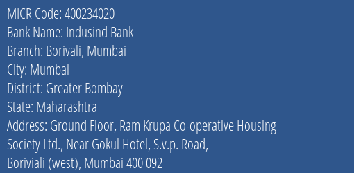 Indusind Bank Borivali Mumbai Branch Address Details and MICR Code 400234020