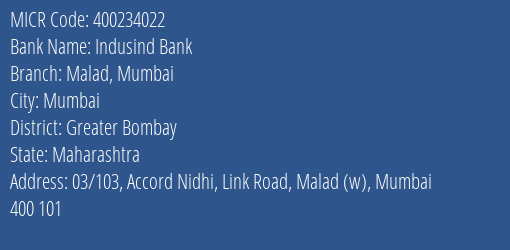 Indusind Bank Malad Mumbai Branch Address Details and MICR Code 400234022