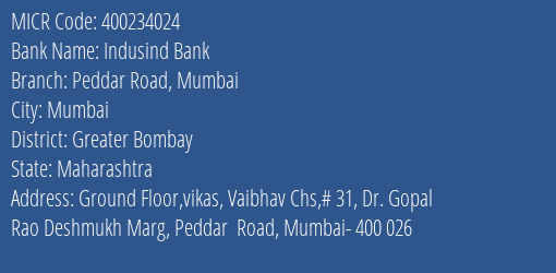 Indusind Bank Peddar Road Mumbai Branch Address Details and MICR Code 400234024