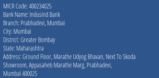 Indusind Bank Prabhadevi Mumbai Branch Address Details and MICR Code 400234025