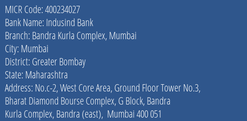 Indusind Bank Bandra Kurla Complex Mumbai Branch Address Details and MICR Code 400234027