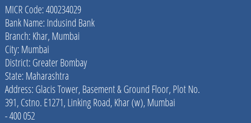 Indusind Bank Khar Mumbai Branch Address Details and MICR Code 400234029