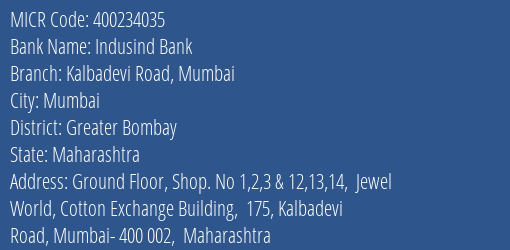 Indusind Bank Kalbadevi Road Mumbai Branch Address Details and MICR Code 400234035