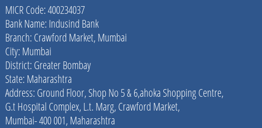 Indusind Bank Crawford Market Mumbai Branch Address Details and MICR Code 400234037