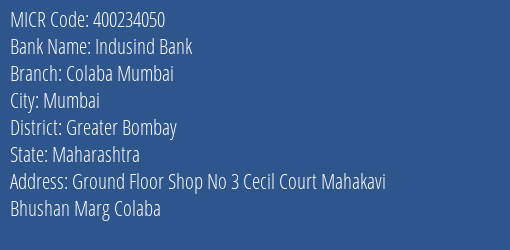 Indusind Bank Colaba Mumbai Branch Address Details and MICR Code 400234050