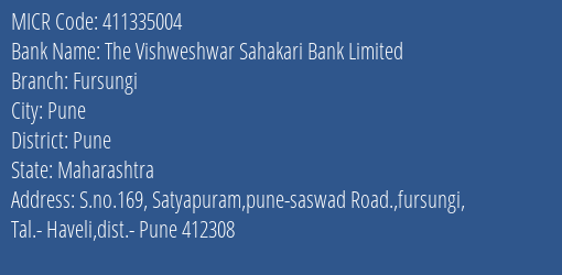 The Vishweshwar Sahakari Bank Limited Fursungi MICR Code