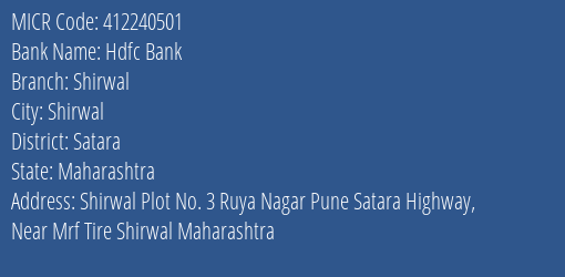 Hdfc Bank Shirwal MICR Code