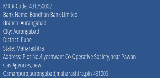 Bandhan Bank Limited Aurangabad MICR Code