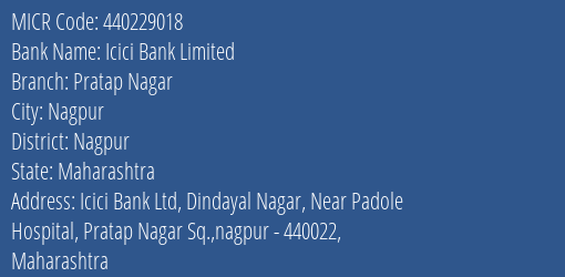 Icici Bank Limited Pratap Nagar MICR Code