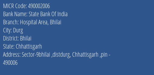 State Bank Of India Hospital Area Bhilai Branch Address Details and MICR Code 490002006