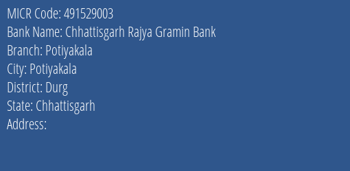 Chhattisgarh Rajya Gramin Bank Potiyakala Branch Address Details and MICR Code 491529003