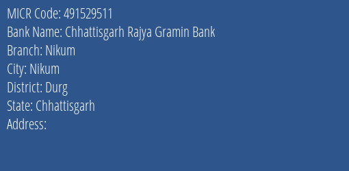 Chhattisgarh Rajya Gramin Bank Nikum Branch Address Details and MICR Code 491529511