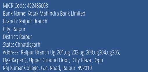 Kotak Mahindra Bank Limited Raipur Branch MICR Code