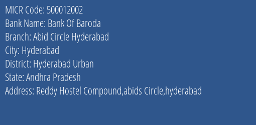 Bank Of Baroda Abid Circle Hyderabad MICR Code