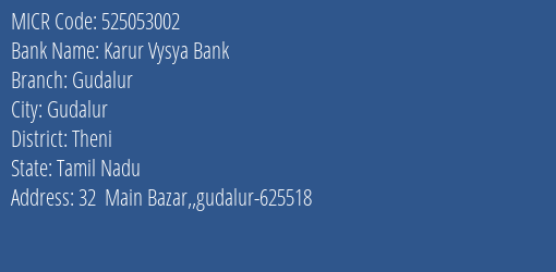 Karur Vysya Bank Gudalur MICR Code