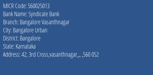 Syndicate Bank Bangalore Vasanthnagar MICR Code