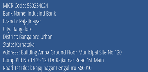 Indusind Bank Rajajinagar MICR Code