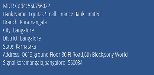 Equitas Small Finance Bank Limited Koramangala MICR Code