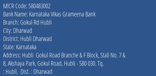 Karnataka Vikas Grameena Bank Gokul Rd Hubli Branch Address Details and MICR Code 580483002