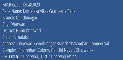 Karnataka Vikas Grameena Bank Gandhinagar Branch Address Details and MICR Code 580483020