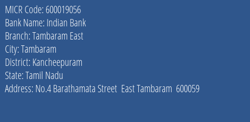 Indian Bank Tambaram East Branch Address Details and MICR Code 600019056