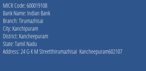 Indian Bank Tirumazhisai Branch Address Details and MICR Code 600019108