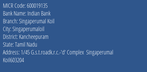 Indian Bank Singaperumal Koil Branch Address Details and MICR Code 600019135