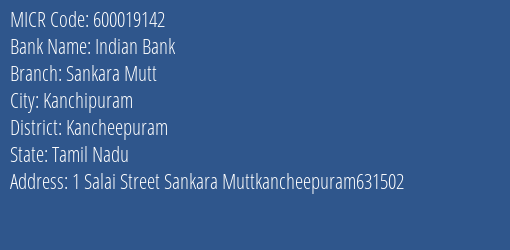 Indian Bank Sankara Mutt Branch Address Details and MICR Code 600019142