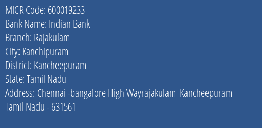 Indian Bank Rajakulam Branch Address Details and MICR Code 600019233