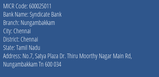 Syndicate Bank Nungambakkam MICR Code