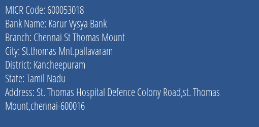 Karur Vysya Bank Chennai St Thomas Mount MICR Code