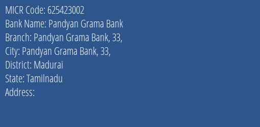 Pandyan Grama Bank Pandyan Grama Bank 33 Branch Address Details and MICR Code 625423002