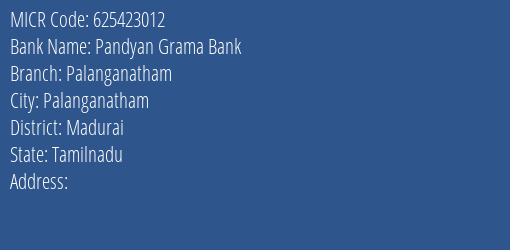 Pandyan Grama Bank Palanganatham Branch Address Details and MICR Code 625423012