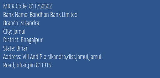 Bandhan Bank Limited Sikandra MICR Code