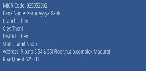 Karur Vysya Bank Theni MICR Code